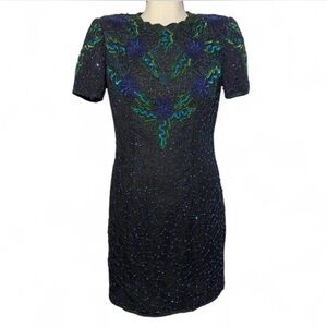 Papell Boutique Evening Beaded Silk Dress Navy Green Blue Embroidery P4